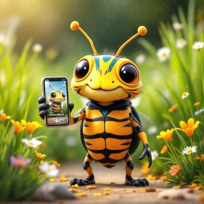 The primary subject of the image is a cartoon-like insect, possibly a beetle or a grasshopper, holding a cell phone in its hands. The insect is standing in a field with flowers, creating a lively and colorful scene. The visual style of the image is a combination of digital art and illustration, giving it a unique and creative appearance. The colors and mood of the image are vibrant and cheerful, with the insect and the flowers providing a sense of warmth and liveliness.